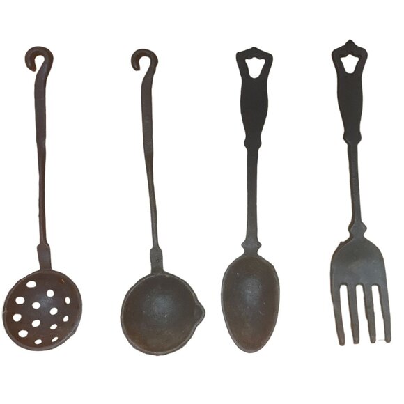 VTG 4 Pc Set WROUGHT IRON KITCHEN UTENSIL Spoon Ladle Fork Primitive Decor - Picture 1 of 3